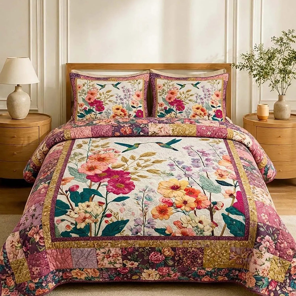 Vintage Floral & Hummingbird Quilted Bedding Set LD139