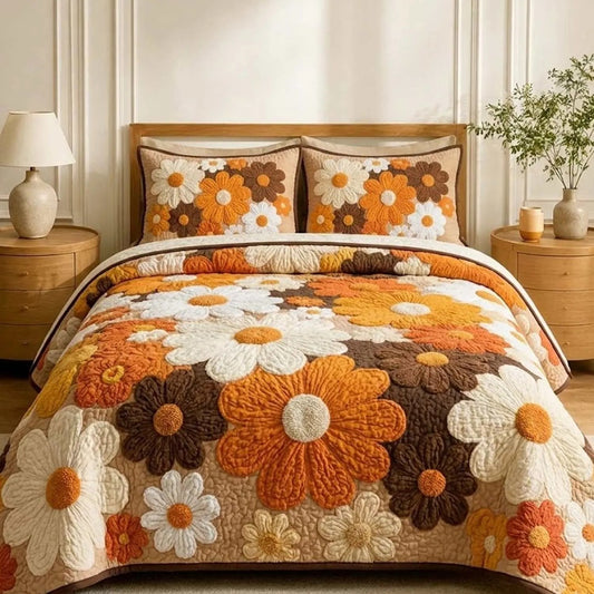 Retro Orange & Brown Daisy Quilted Bedding Set LD141