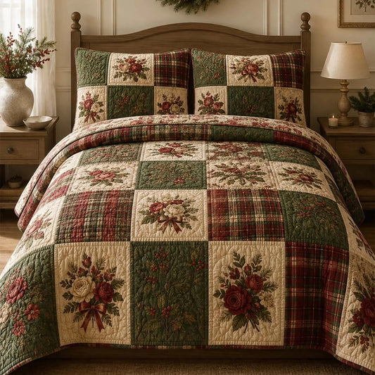 Red Poinsettia & Green Tartan Plaid Quilted Bedding Set LD152