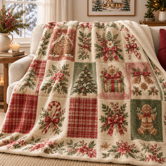Vintage Christmas Patchwork Sherpa Blanket LD153SPBLK