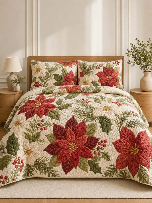 Holiday Poinsettia & Pine Quilted Bedding Set LD154