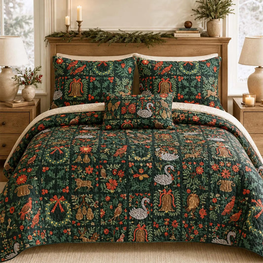 Dark Green Christmas Quilted Bedding Set LD155