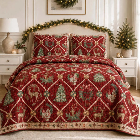 Vintage Christmas Reindeer & Tree Patchwork Quilted Bedding Set LD158
