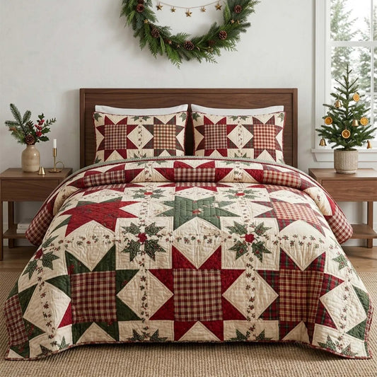 Red & Green Festive Star Quilted Bedding Set LD159