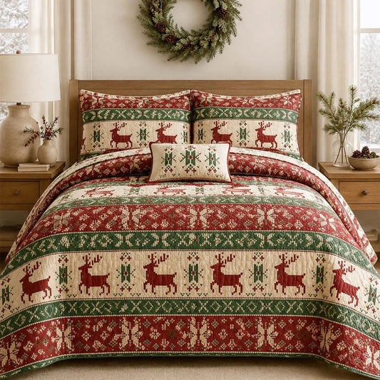 Christmas Reindeer Fair Isle Quilted Bedding Set LD160