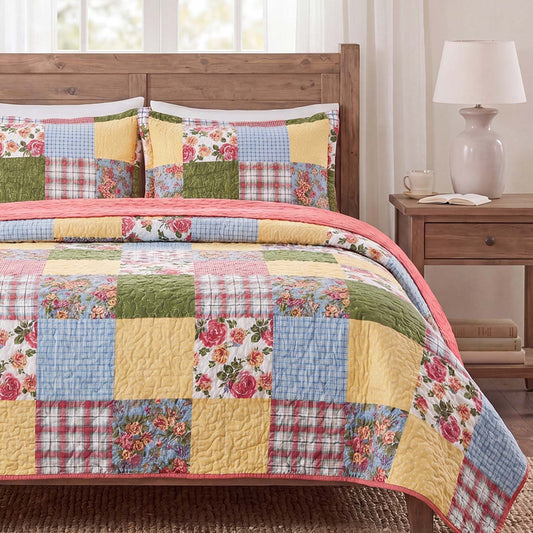 Floral & Plaid Patchwork Quilted Bedding Set LD162