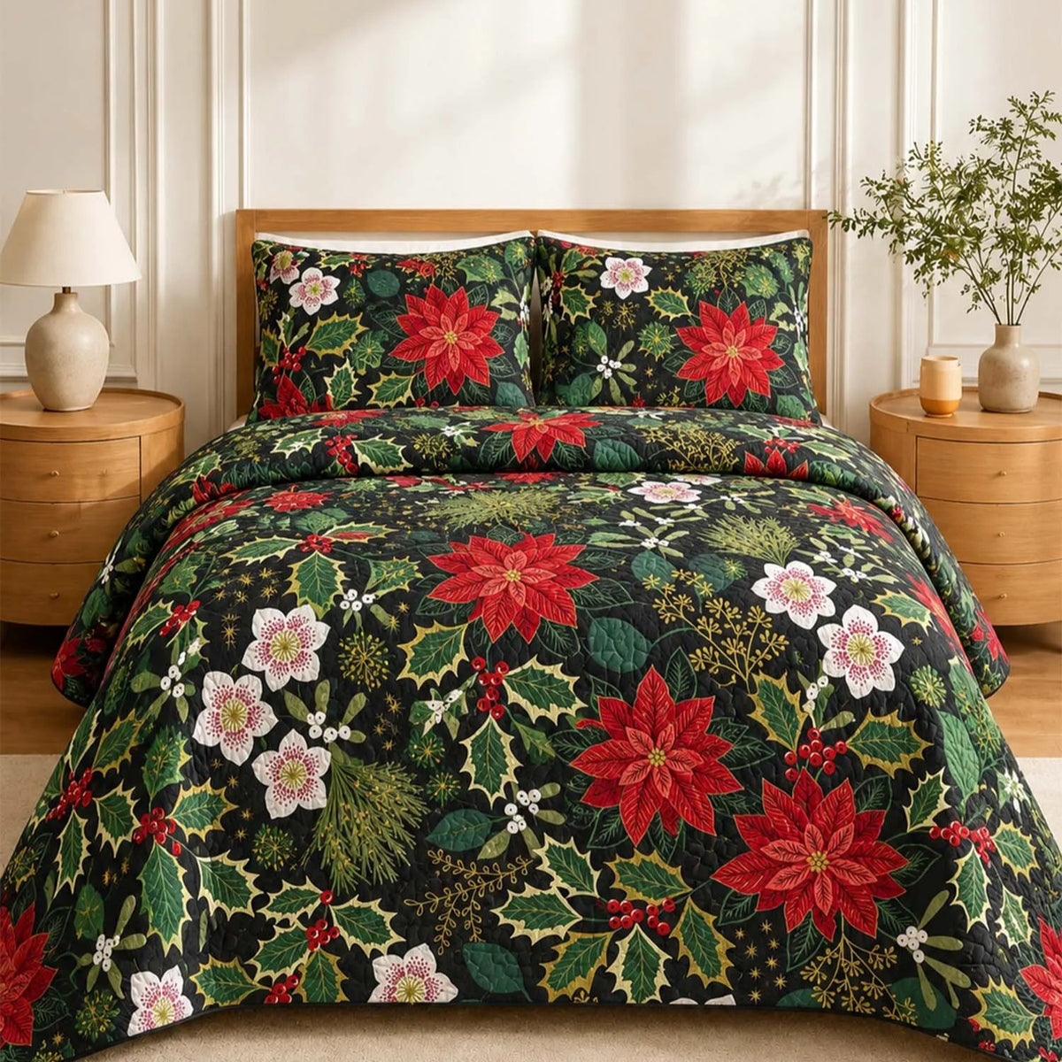 Dark Green Botanical Christmas Quilted Bedding Set LD163