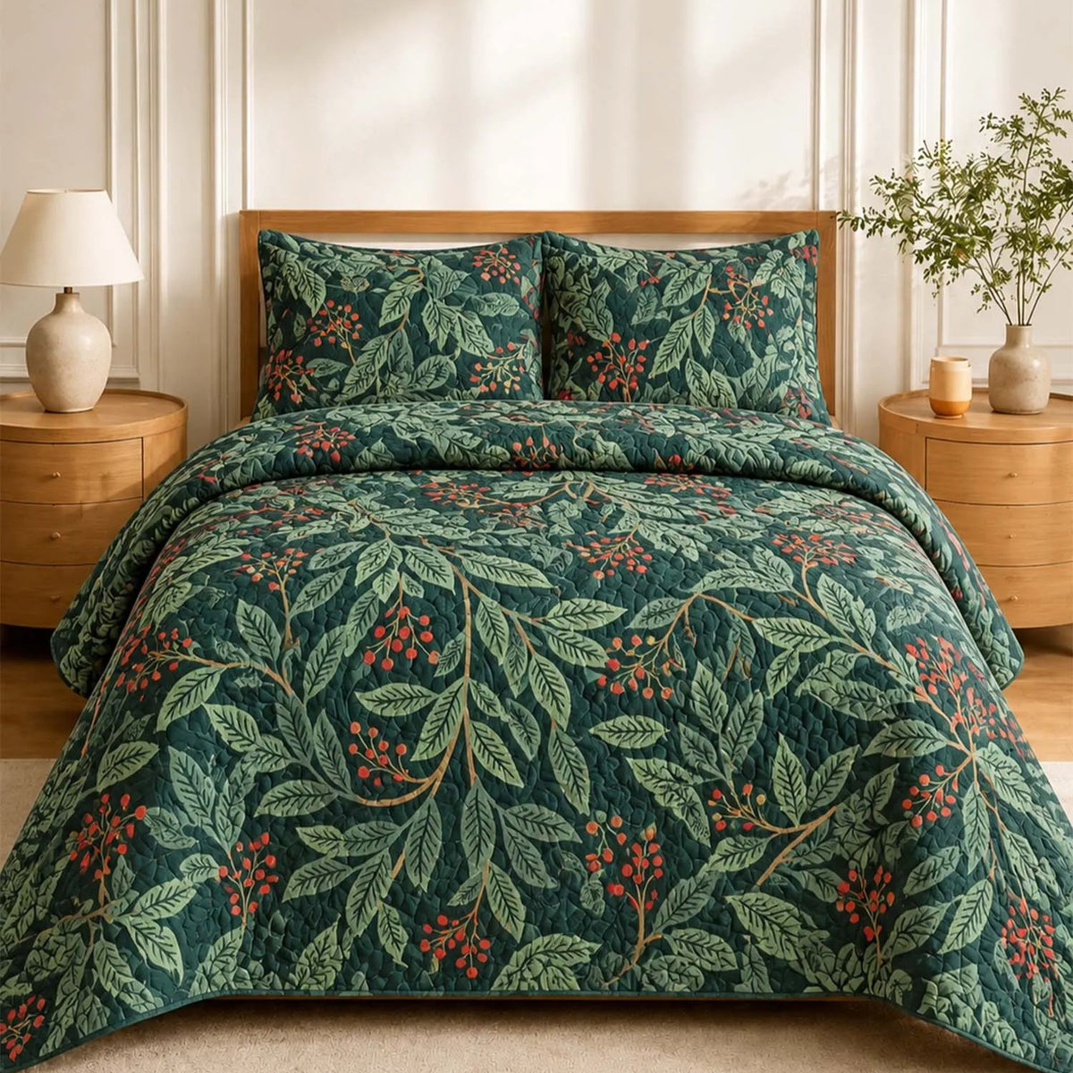 Forest Leaves & Red Berries Printed Quilted Bedding Set LD164