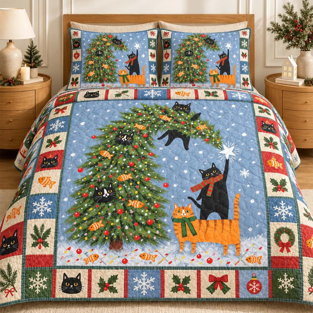 Festive Christmas Tree & Cats Quilted Bedding Set LD166