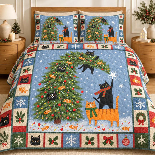 Festive Christmas Tree & Cats Quilted Bedding Set LD166