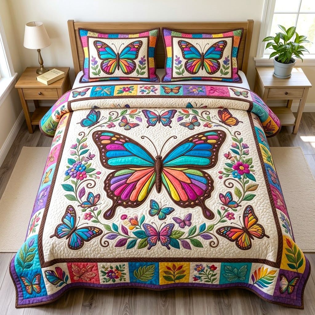 Colorful Butterfly Garden Quilted Bedding Set LD168