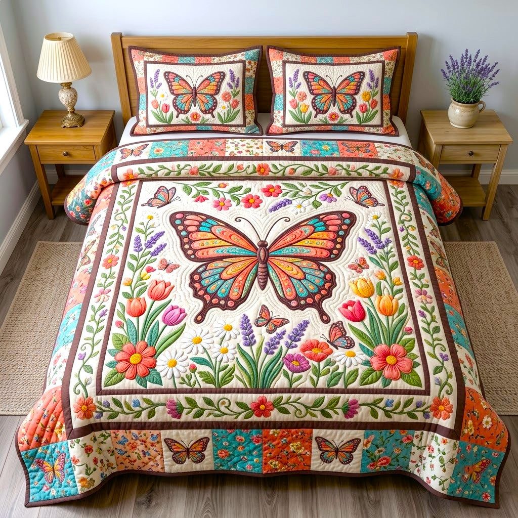 Spring Butterfly Garden Patchwork Quilted Bedding Set LD169
