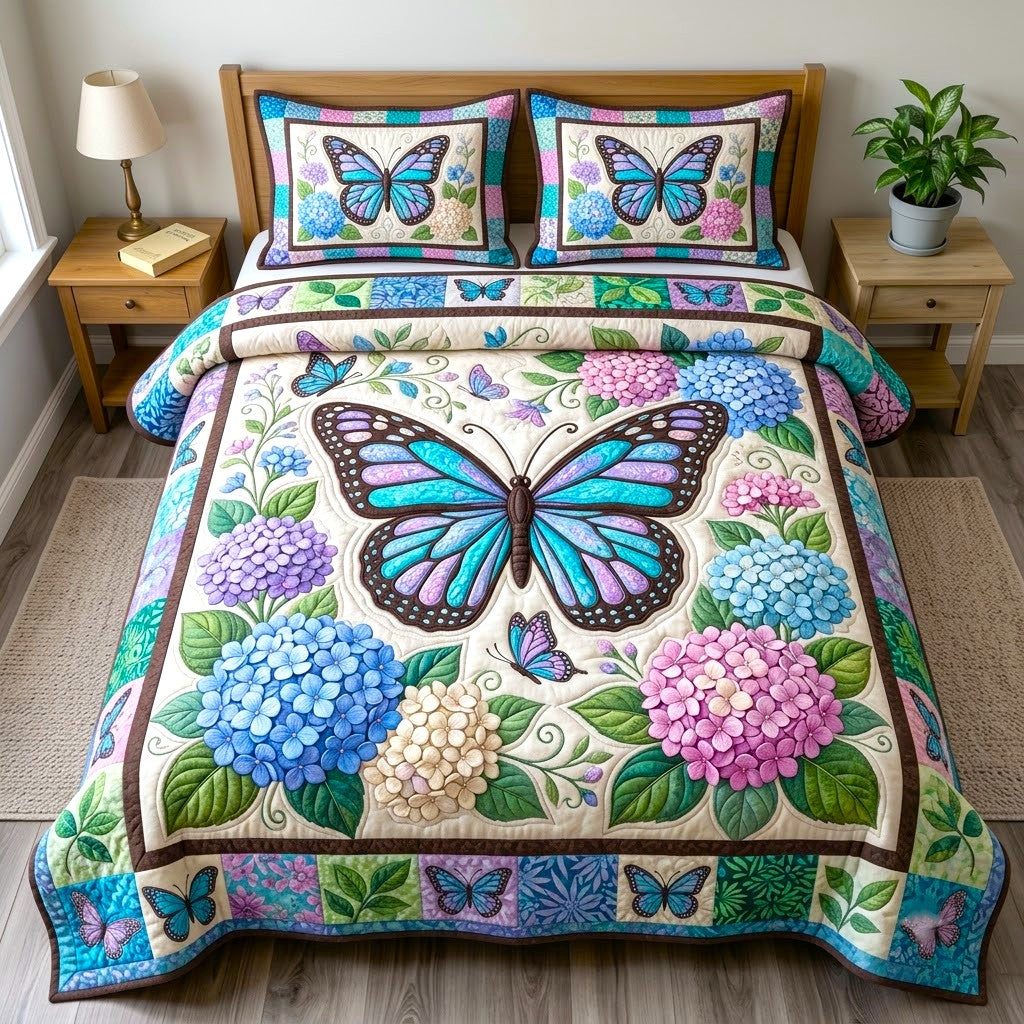 Blue Butterfly & Blooming Hydrangea Quilted Bedding Set LD171