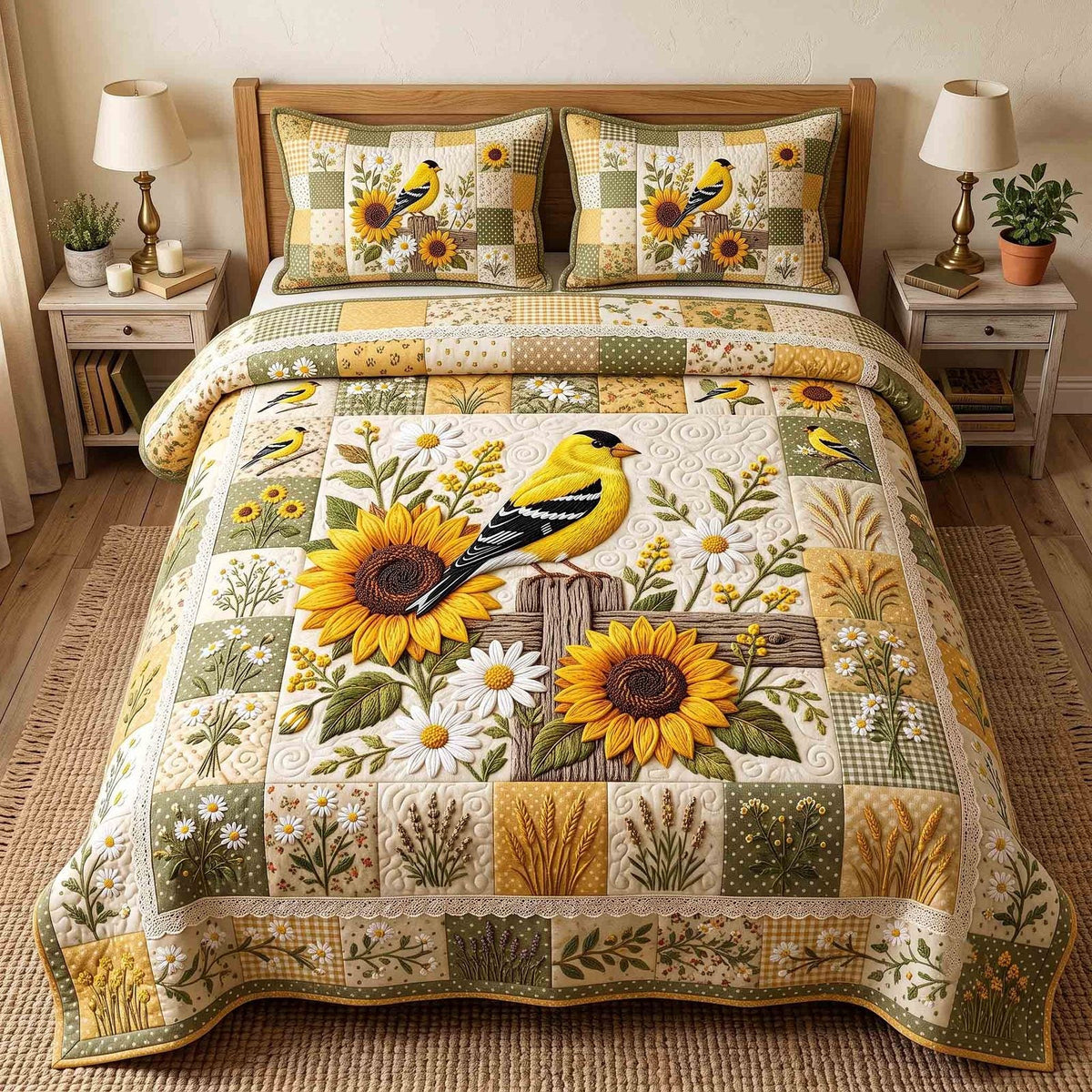 American Goldfinch and Sunflower Quilted Bedding Set LD172