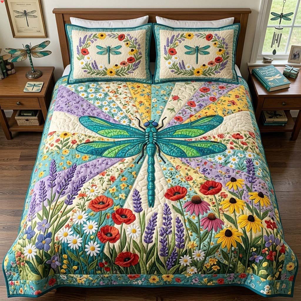 Dragonfly Floral Quilted Bedding Set LD173