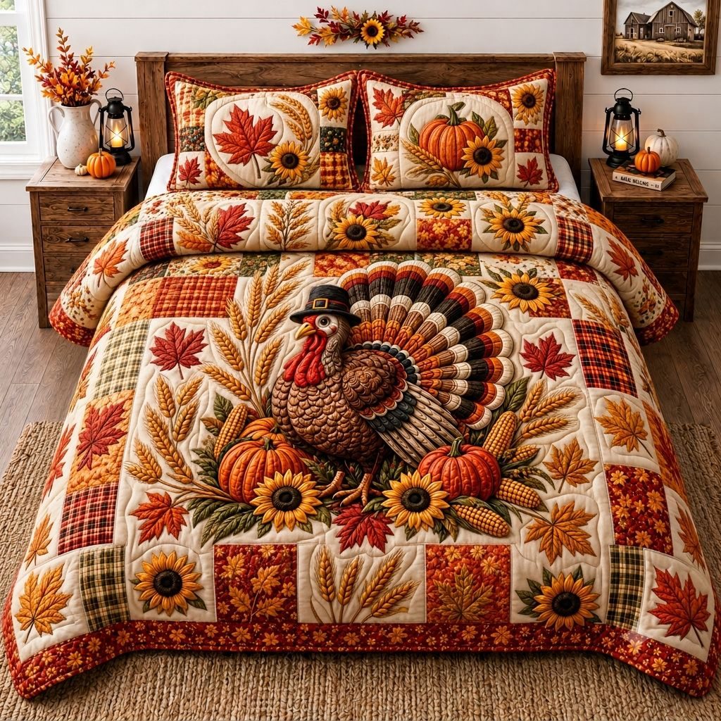 Turkey Country Harvest Quilted Bedding Set LD174