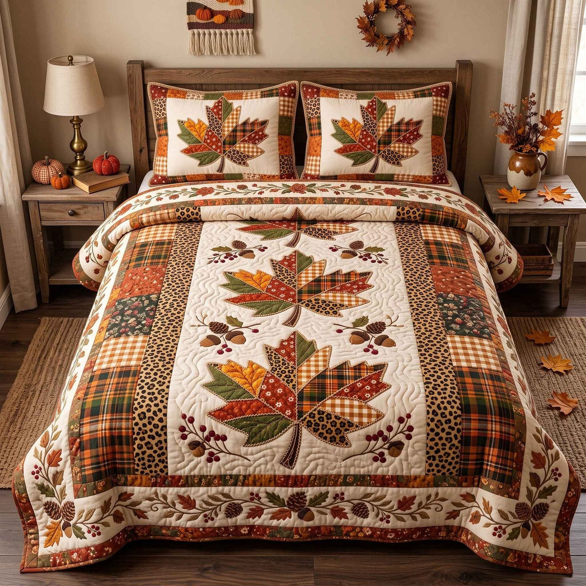 Rustic Autumn Leaf Patchwork Quilted Bedding Set LD175