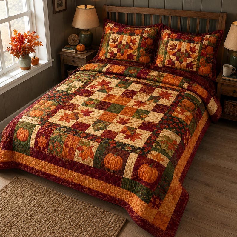 Autumn Pumpkin Patch Patchwork Quilted Bedding Set LD176