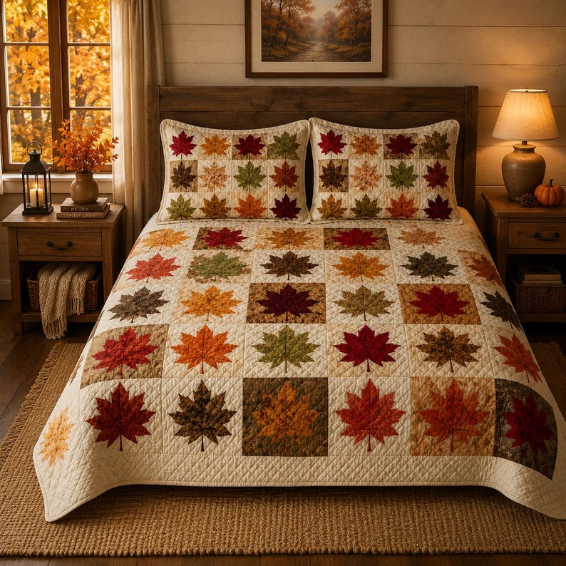 Rustic Fall Maple Leaf Quilted Bedding Set LD177