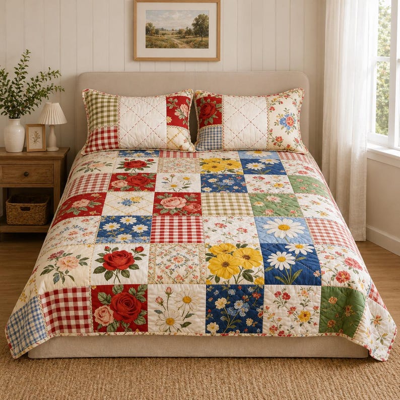 Floral & Gingham Patchwork Quilted Bedding Set LD178
