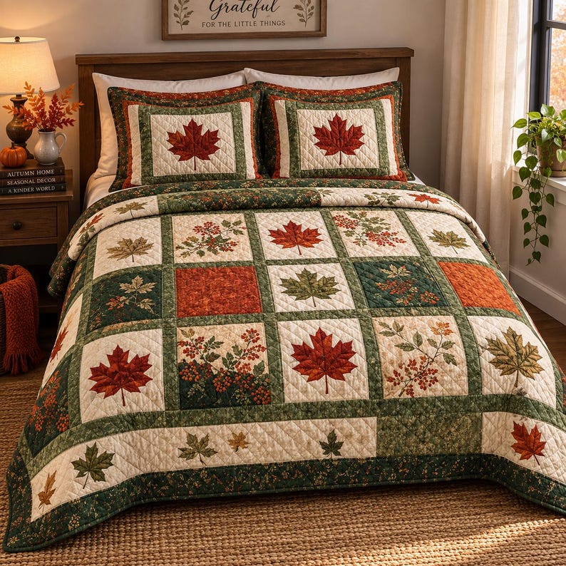 Vintage Fall Maple Leaf Quilted Bedding Set LD179