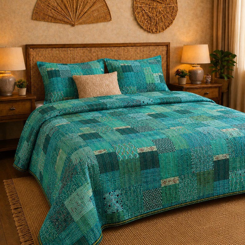 Green & Teal Patchwork Quilted Bedding Set LD183