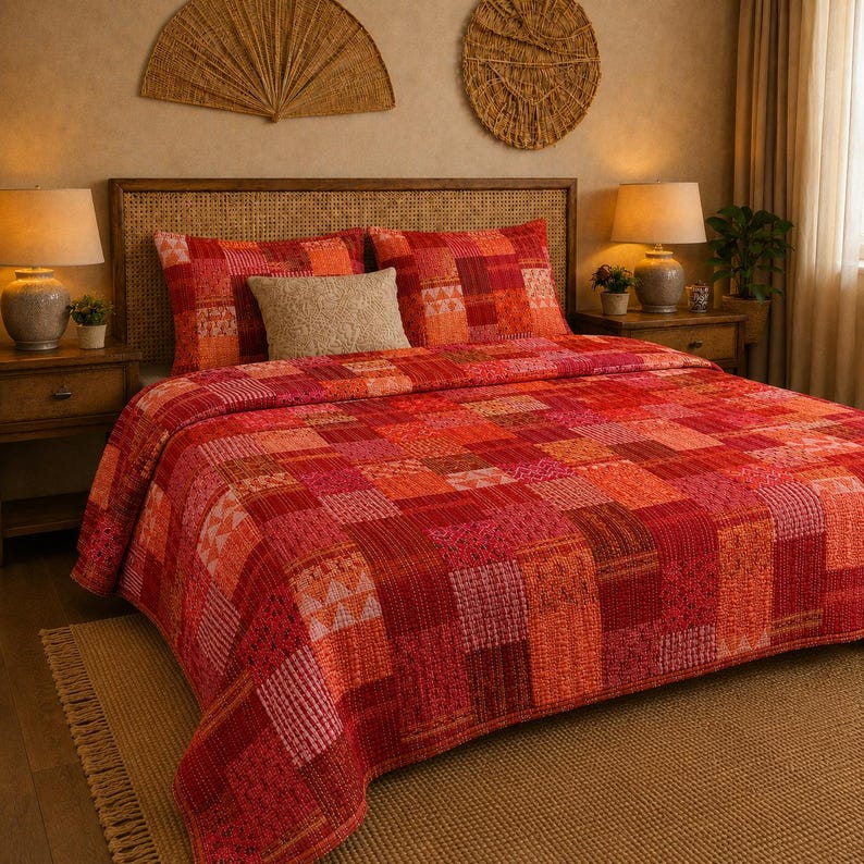 Warm Terracotta & Red Patchwork Quilted Bedding Set LD185