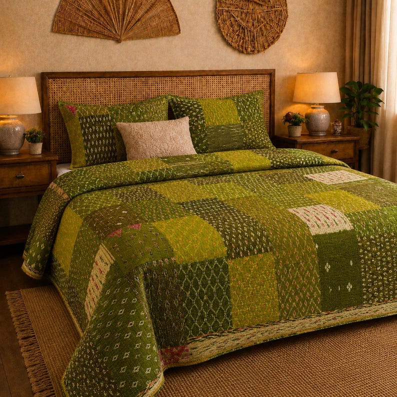 Earthy Green Block Patchwork Quilted Bedding Set LD186