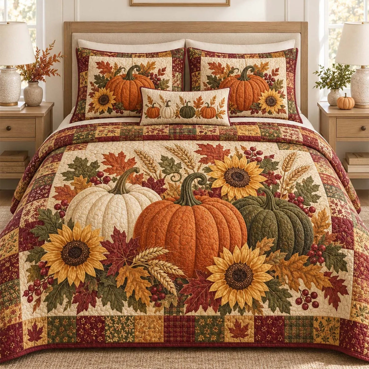 Fall Harvest Pumpkin Sunflower Maple Leaf Quilted Bedding Set LD187