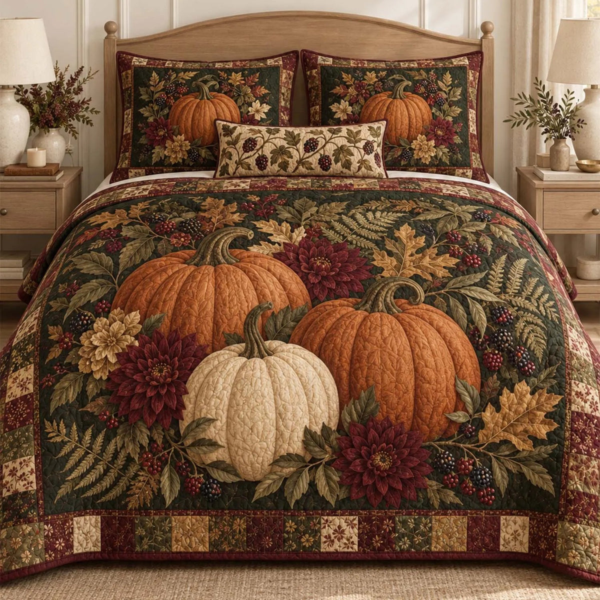 Dark Green Fall Pumpkin Quilted Bedding Set LD189