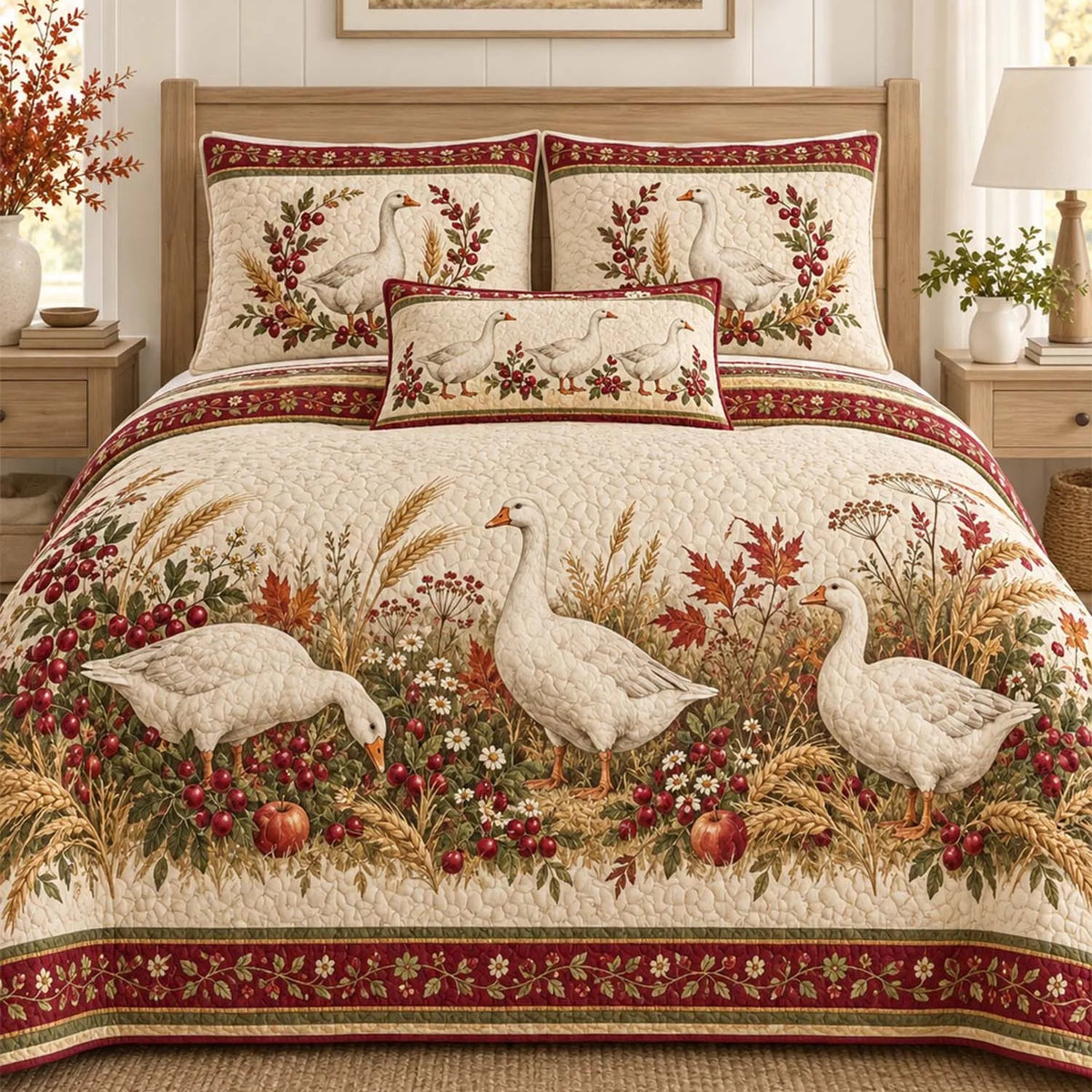 Farmhouse White Goose Quilted Bedding Set LD191