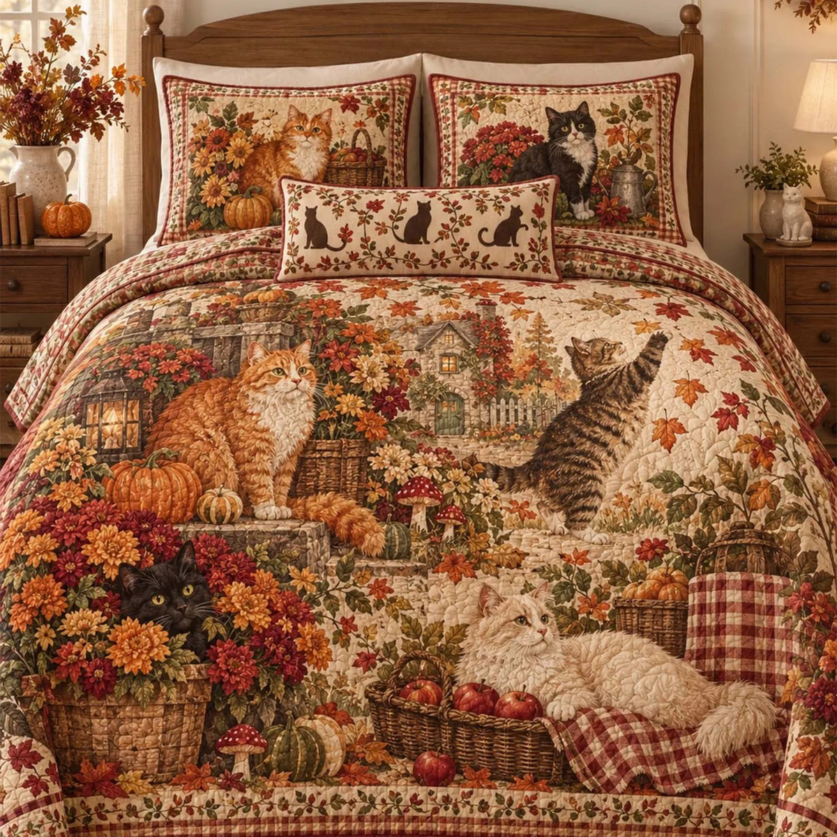 Fall Harvest Cat Pumpkin Sunflower Quilted Bedding Set LD192