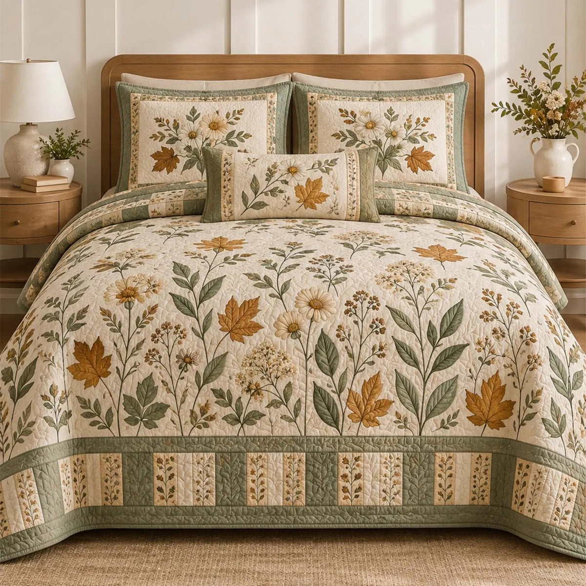 Rustic Fall Daisy & Maple Leaf Quilted Bedding Set LD193
