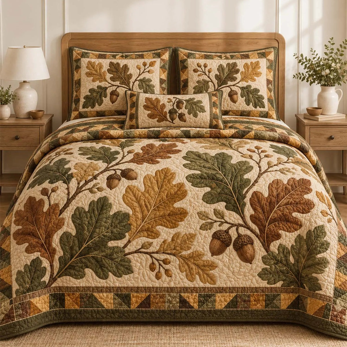 Vintage Autumn Oak Leaves Quilted Bedding Set LD194