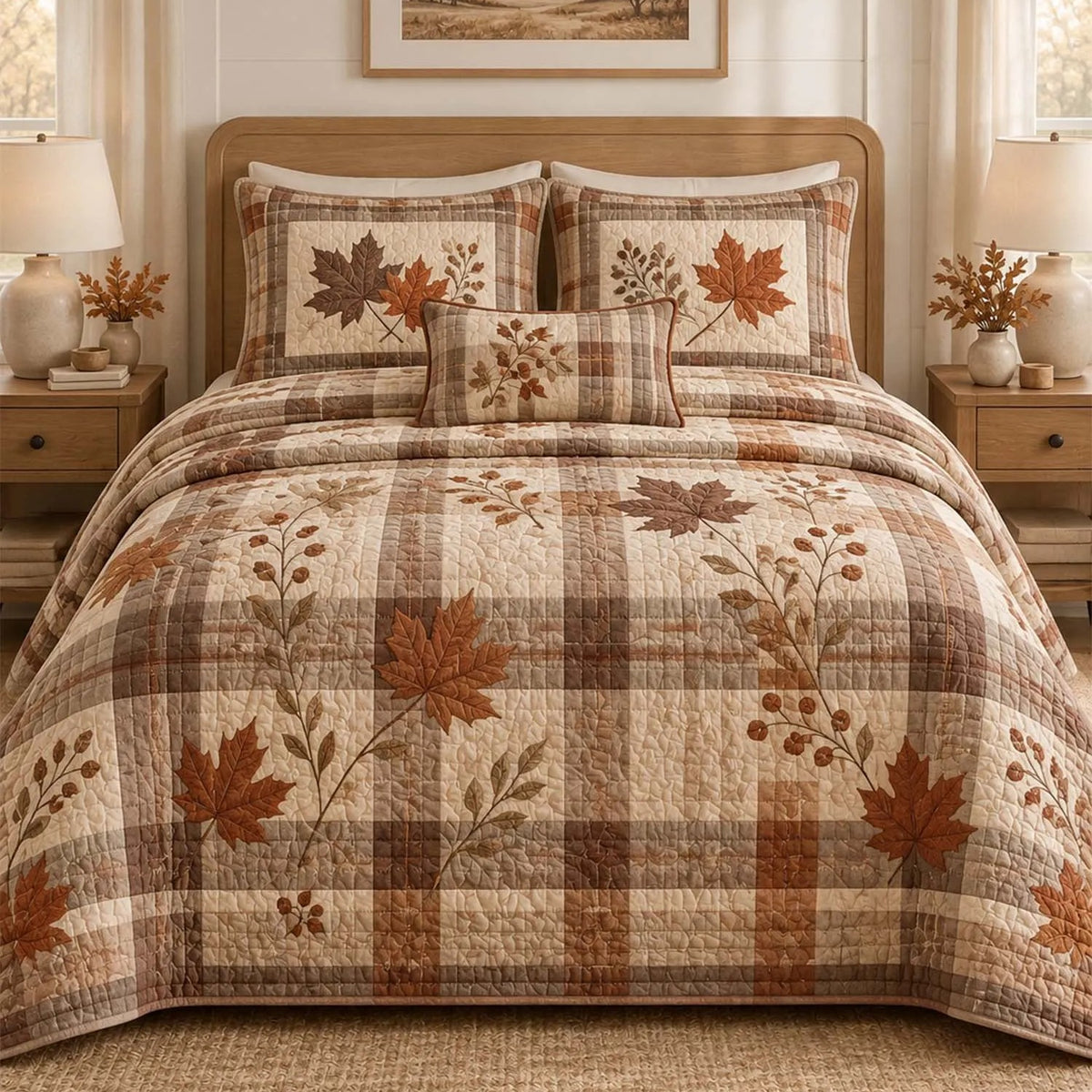 Autumn Maple Leaf Plaid Quilted Bedding Set LD195