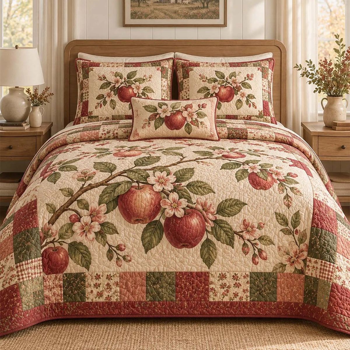 Rustic Apple & Floral Quilted Bedding Set LD196