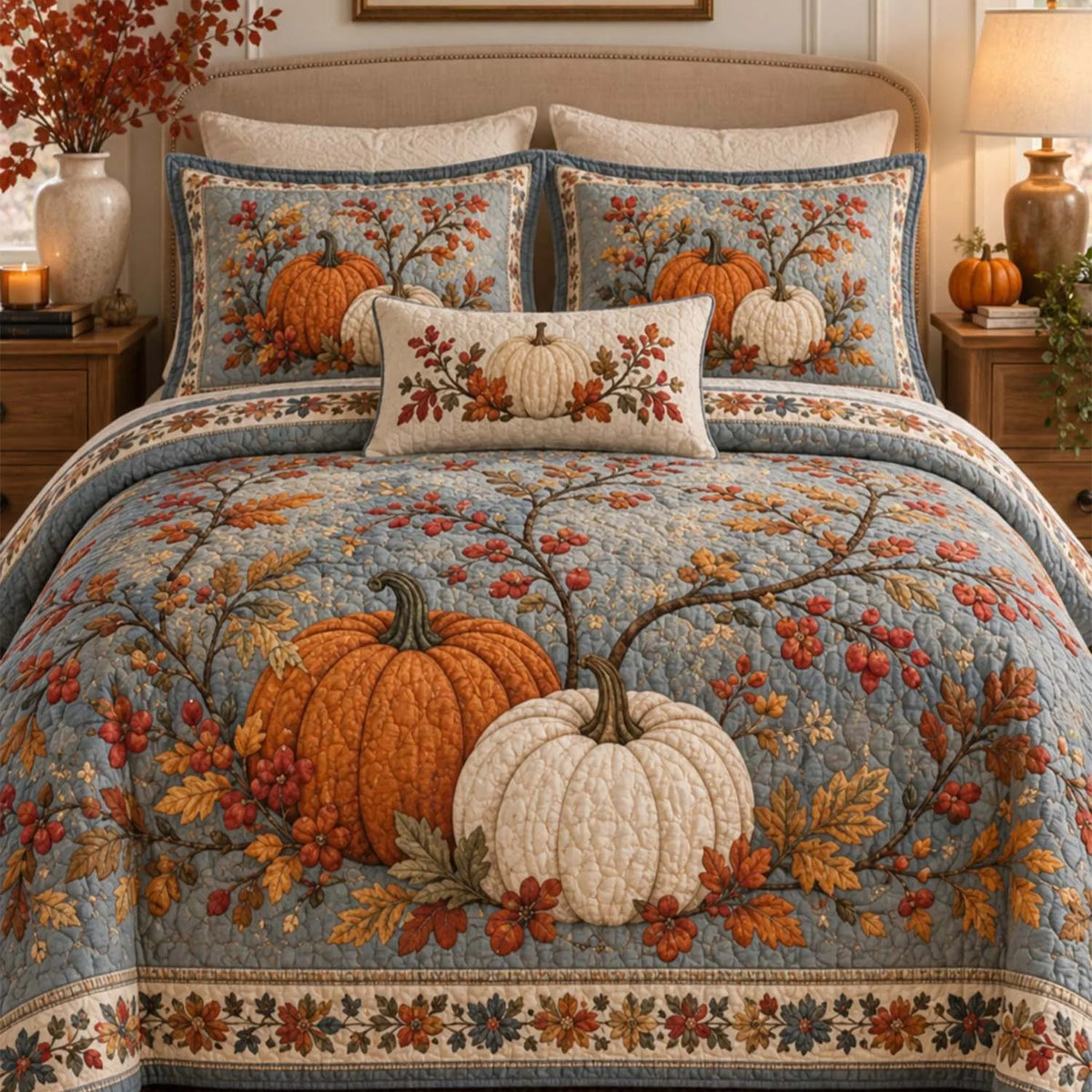Autumn Harvest Blue Quilted Bedding Set LD197