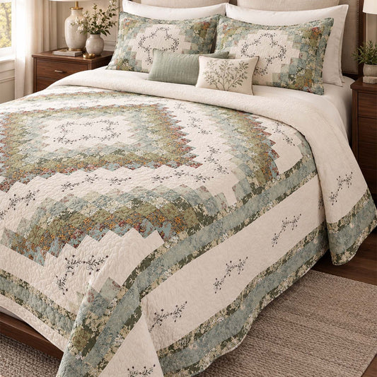Sage Floral Patchwork Quilted Bedding Set LD204