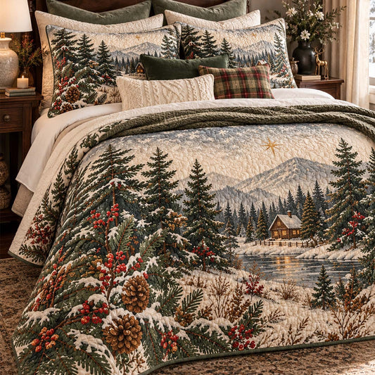 Winter Cottage Pine Forest Quilted Bedding Set LD214