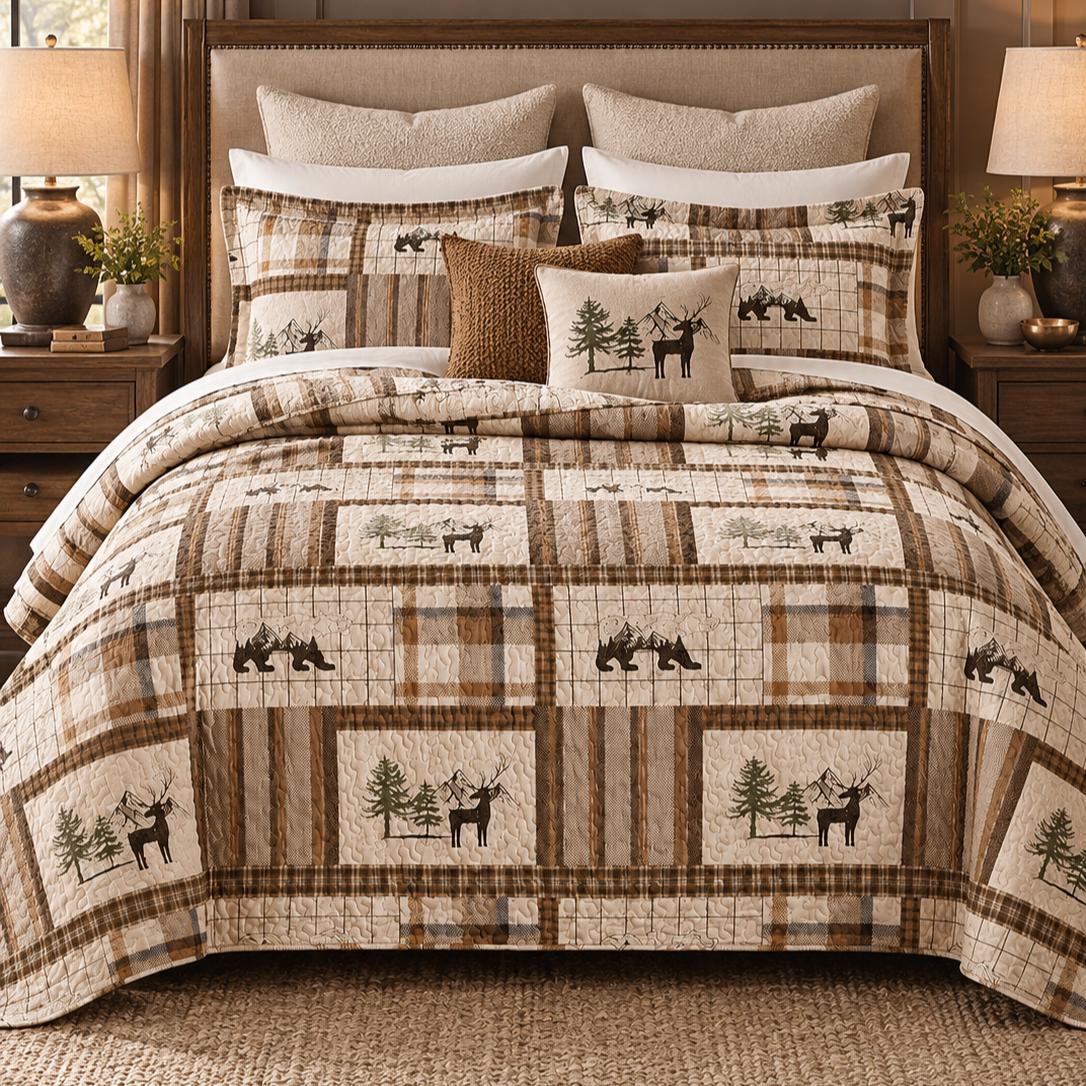 Moose and Deer Forest Plaid Quilted Bedding Set LD215