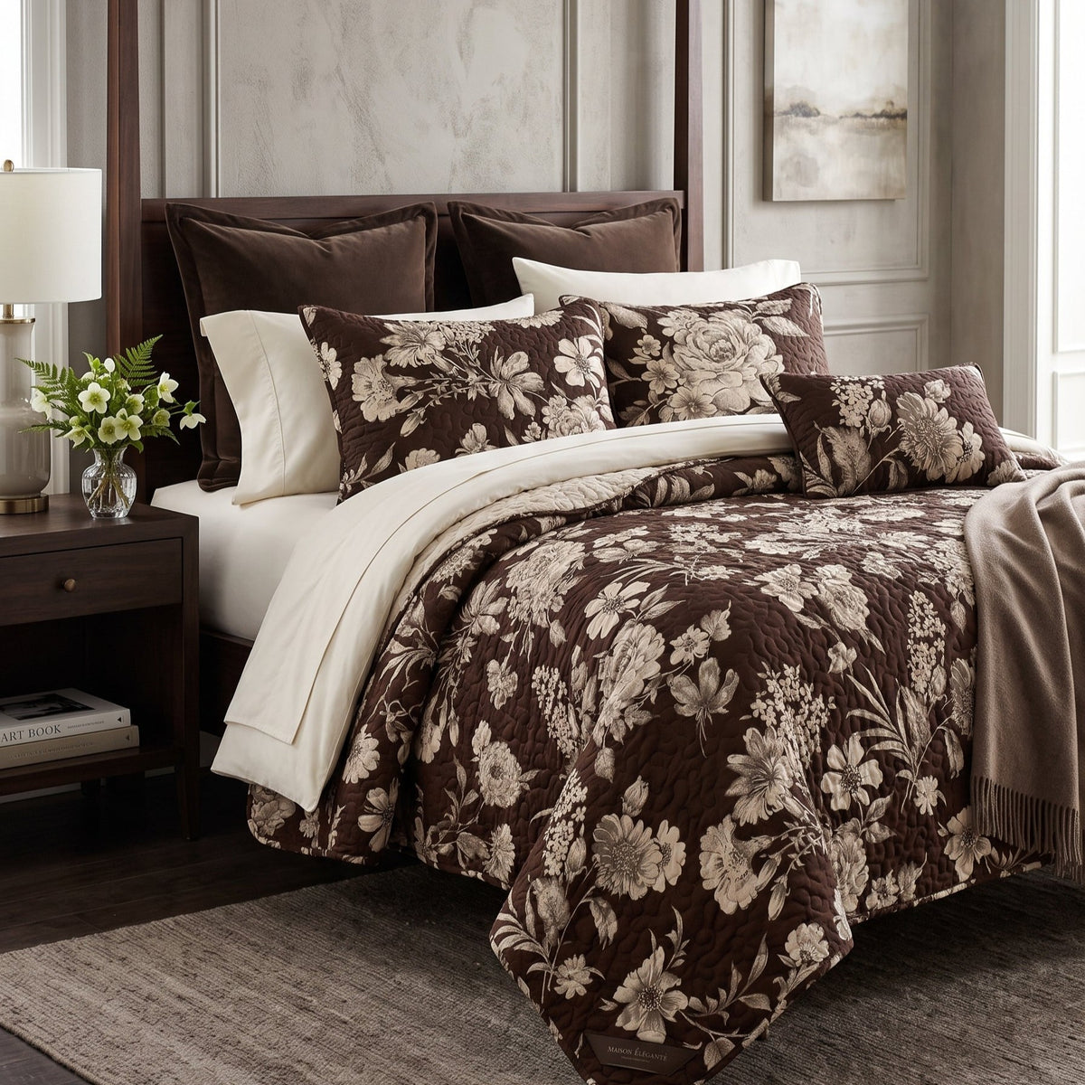 Mocha Vintage Floral Quilted Bedding Set LD217