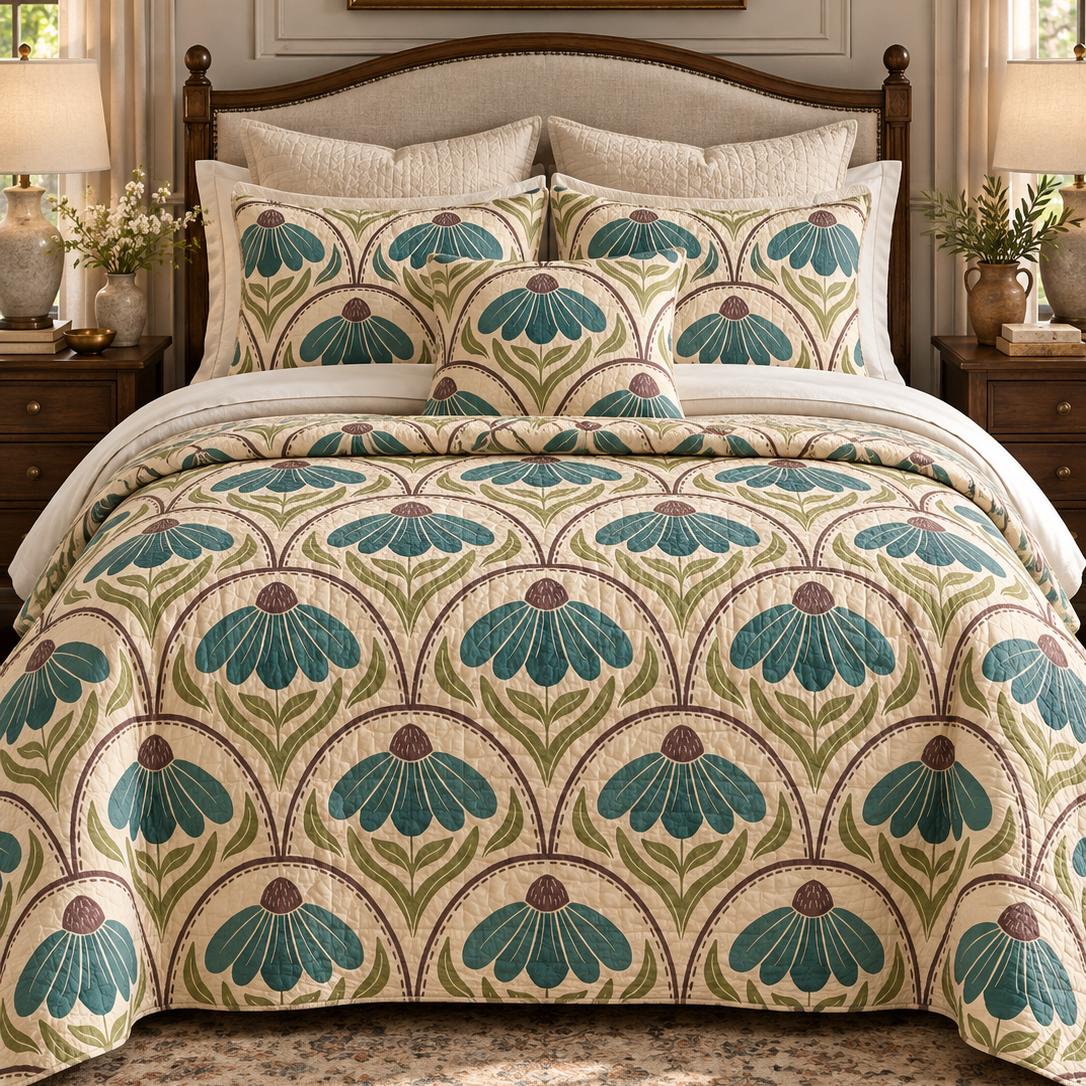 Blue Botanical Bloom Quilted Bedding Set LD218