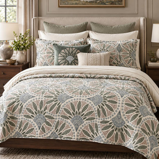 Sage Blue Botanical Medallion Quilted Bedding Set LD219