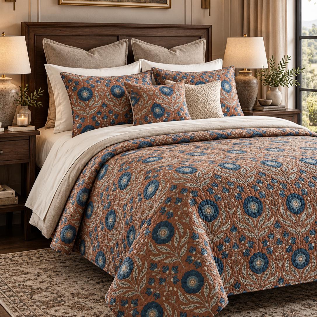 Rustic Blue Wildflower Quilted Bedding Set LD220