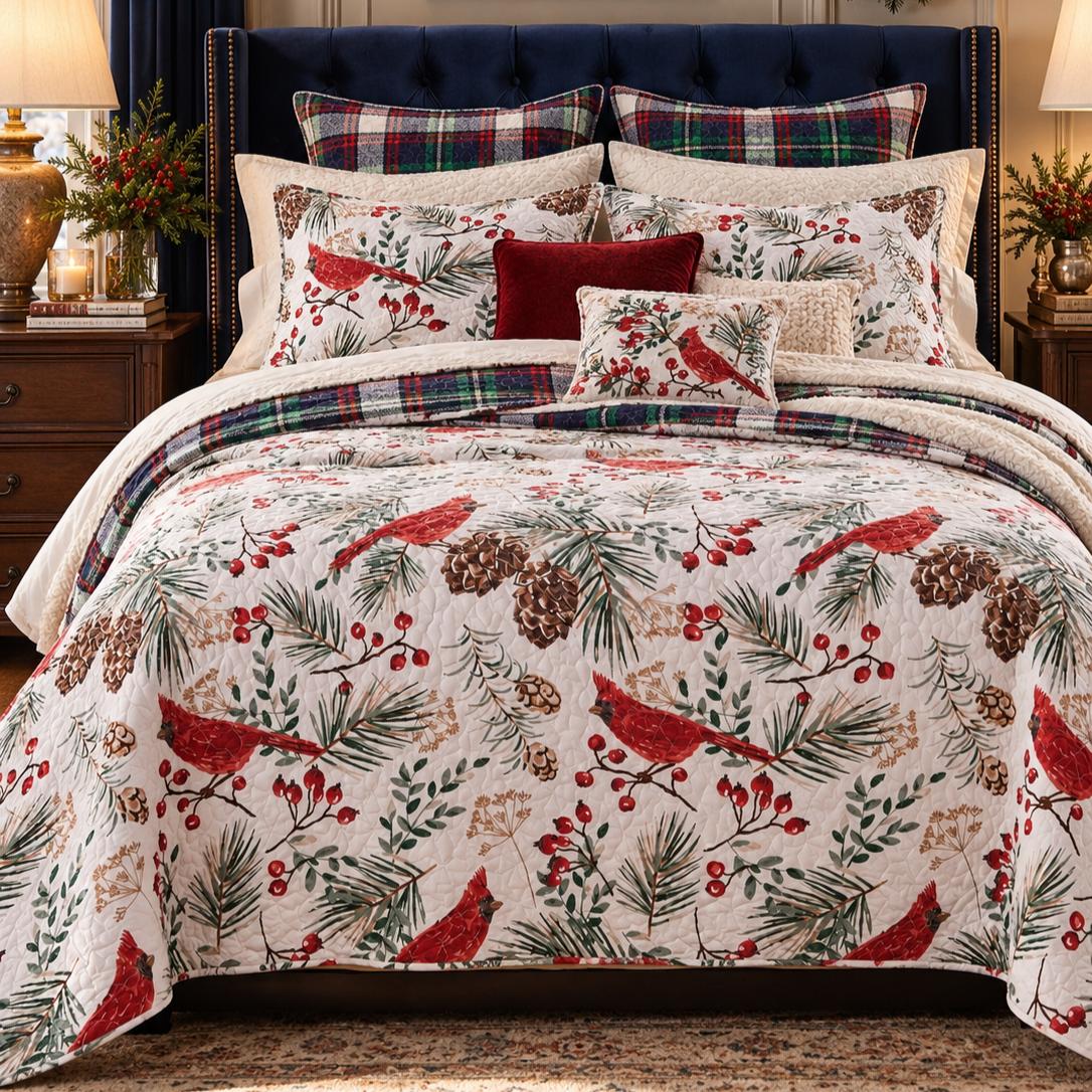 Winter Cardinal Christmas Quilted Bedding Set LD223