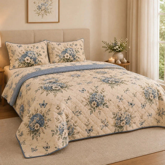Vintage Blue Hydrangea Quilted Bedding Set LD226
