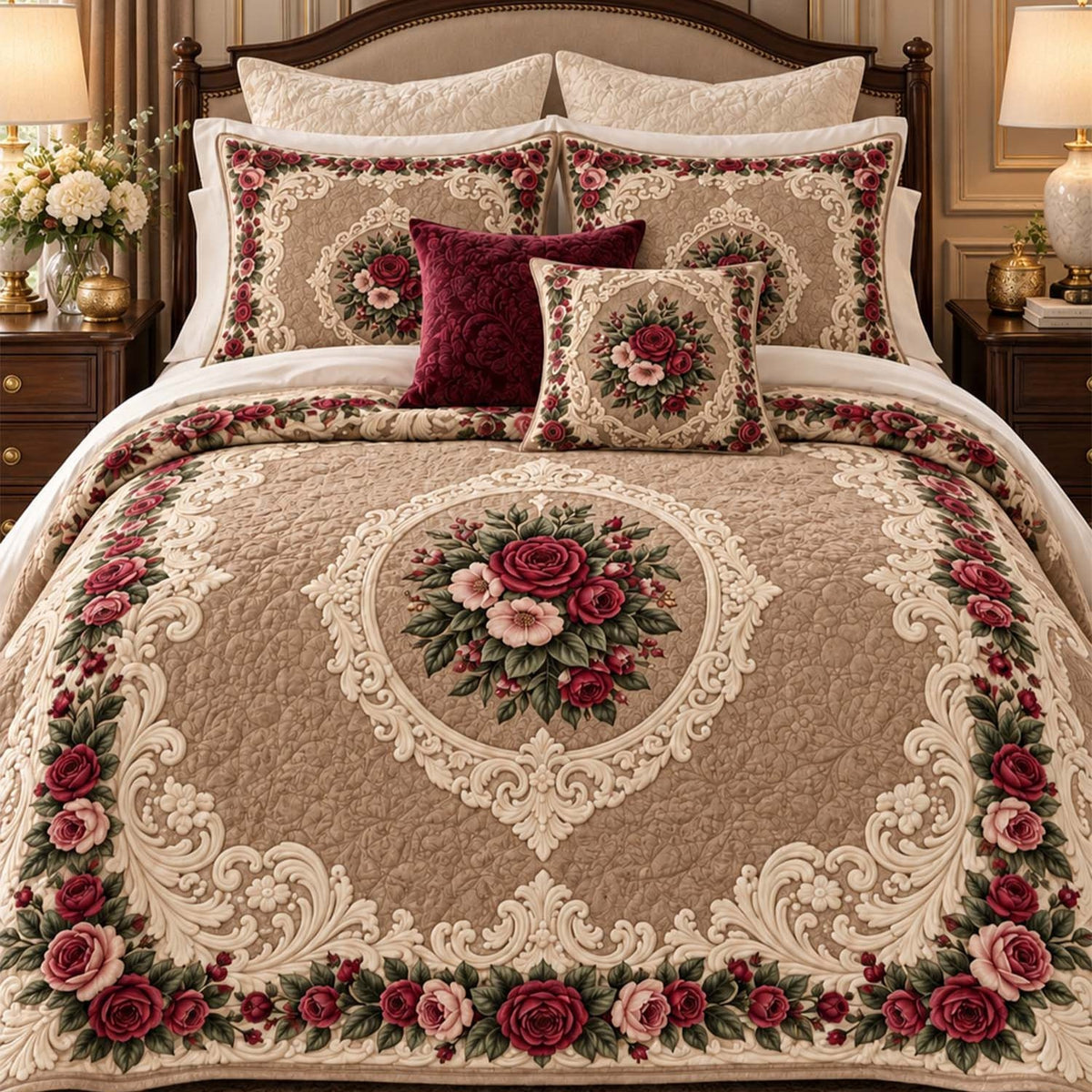 Vintage Rose Floral Quilted Bedding Set LD242