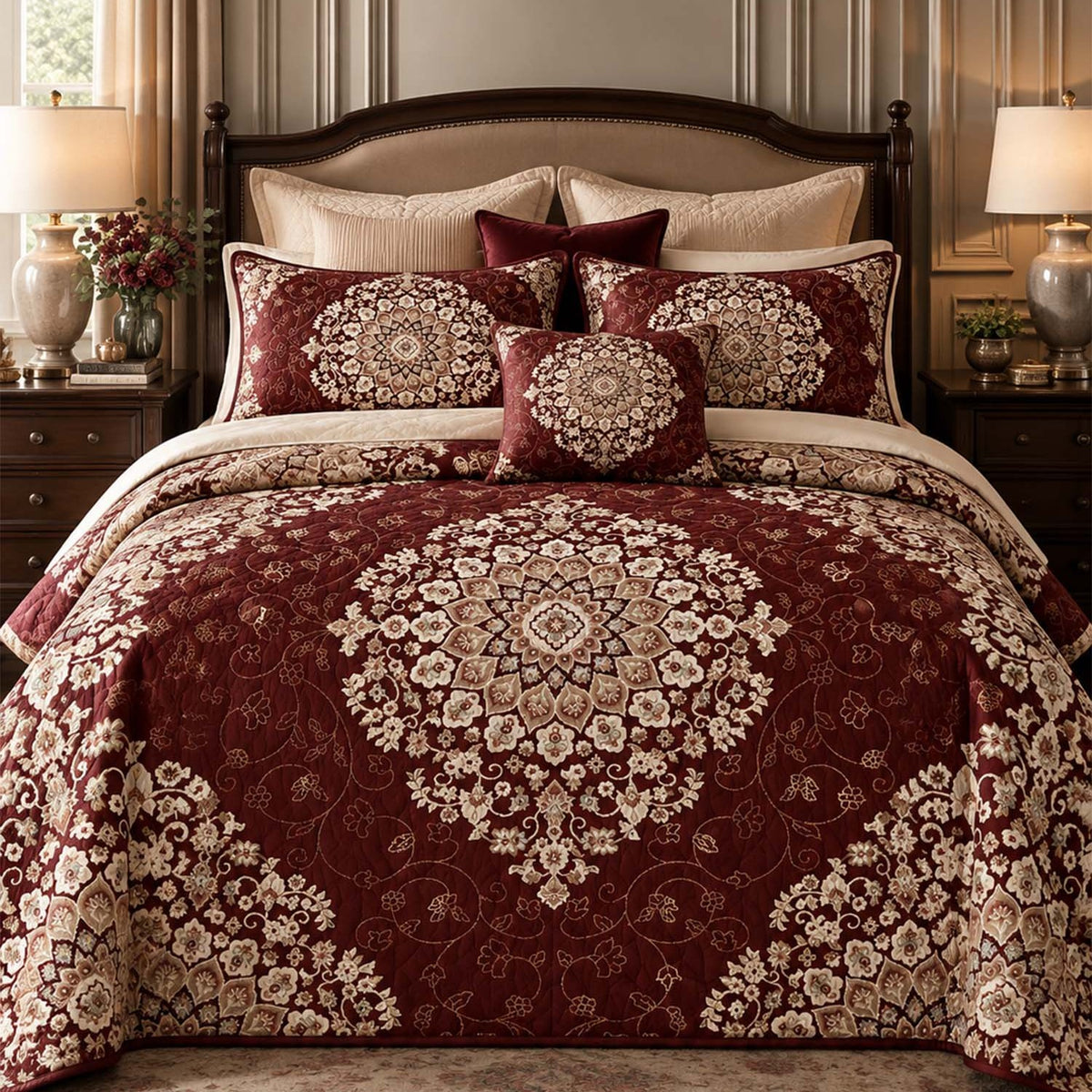 Vintage Burgundy Floral Medallion Quilted Bedding Set LD243