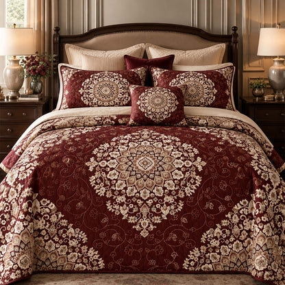 Vintage Burgundy Floral Medallion Quilted Bedding Set LD243