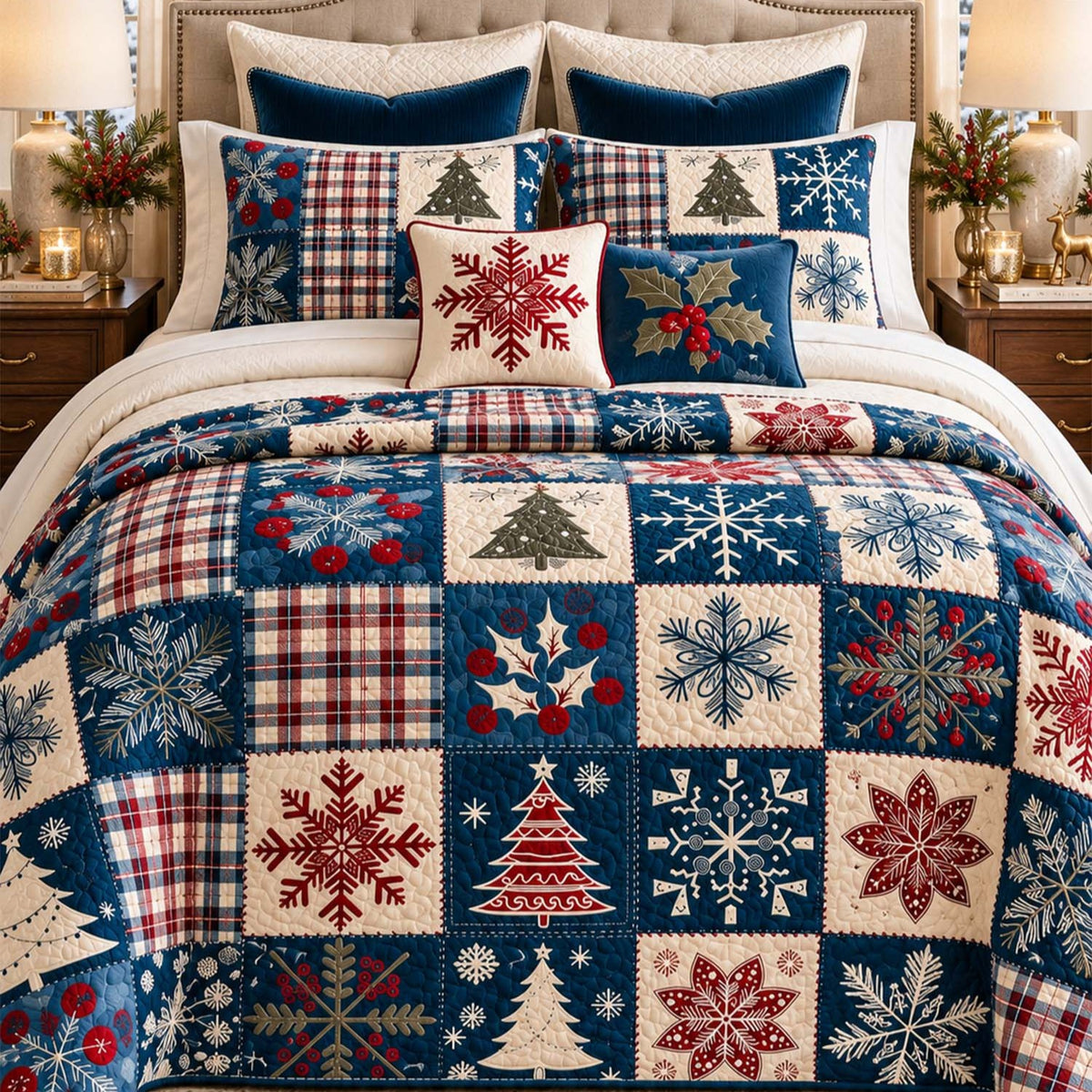 Navy Snowflake Pine Tree Plaid Patchwork Quilted Bedding Set LD245